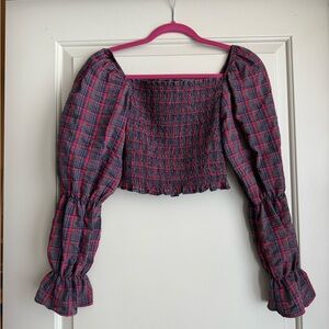 Zara Plaid Smocked Puff Sleeve Top